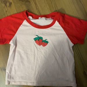 Light pink and red cropped strawberry baby tee, size L, SHEIN